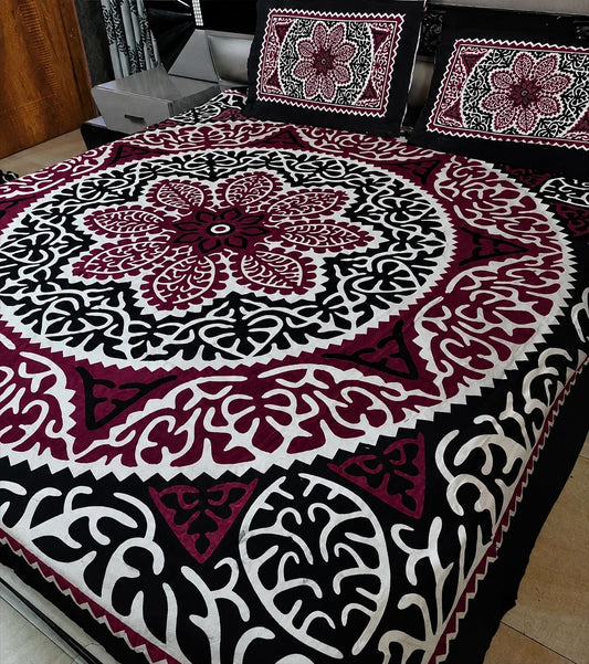 King Size Ajrak Block Hand Print Cotton Stuff Bedsheet Set with 2 Unstitched Pillow Covers