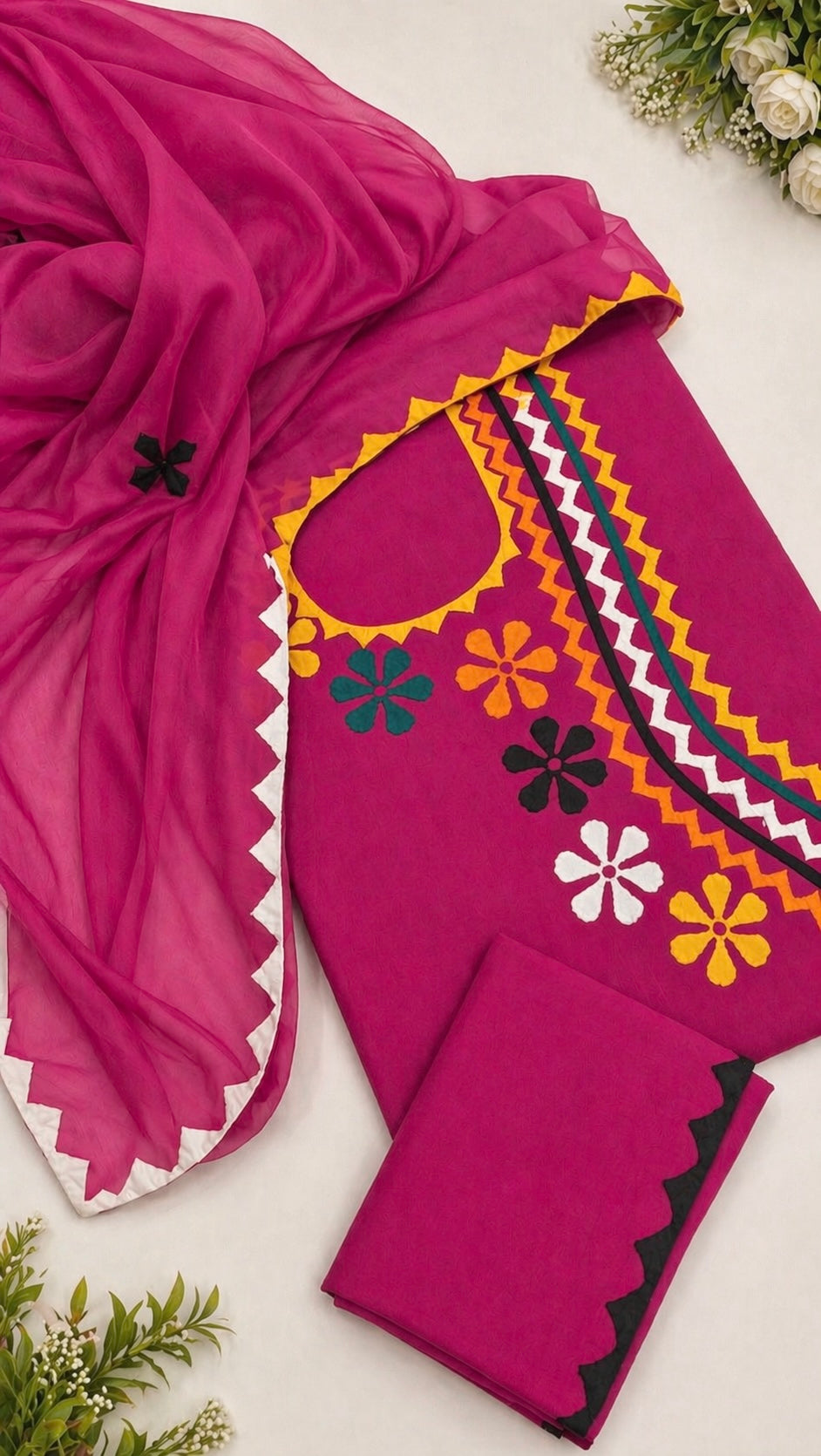 Angrakha Neck Style Multi Applique Work Handmade Lawn Cotton with Chiffon Dupatta - 3PC Unstitch Dress 👗