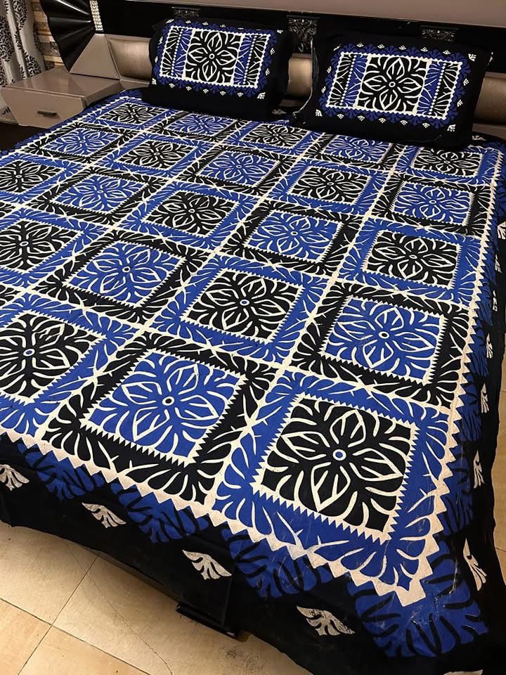 Ajrak Cotton King Size Block Print Bedsheet with 2 Unstitched Pillow Covers