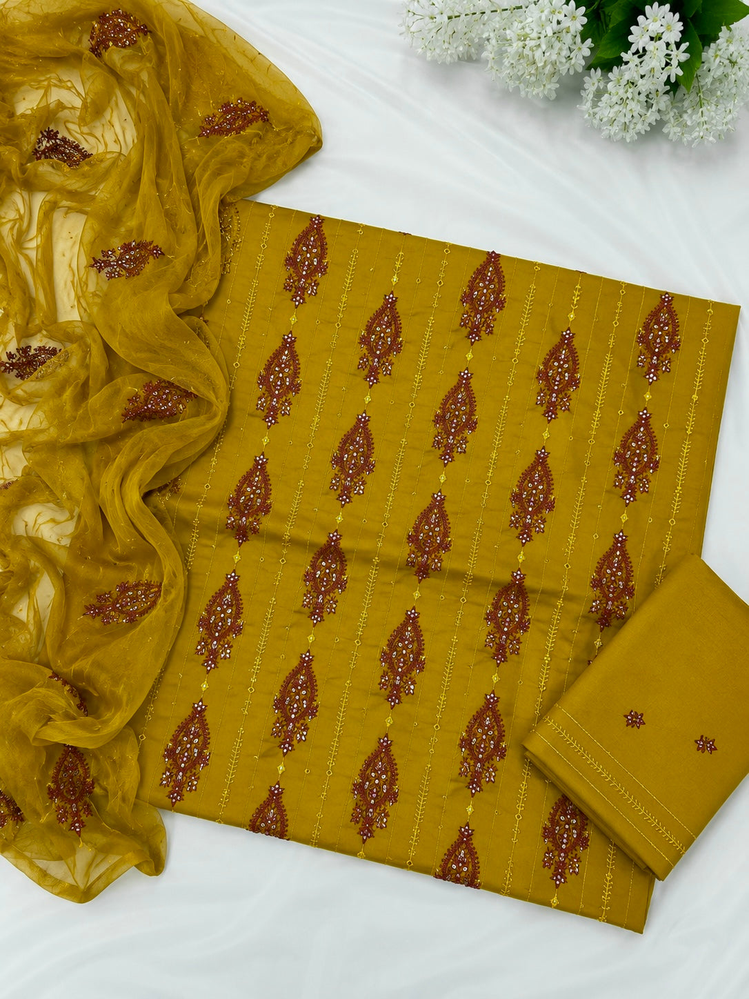 Bouring 3MM Sitara Sequence Work Embroidery Lawn Cotton with Chiffon Dupatta - 3PC Unstitch Dress 👗