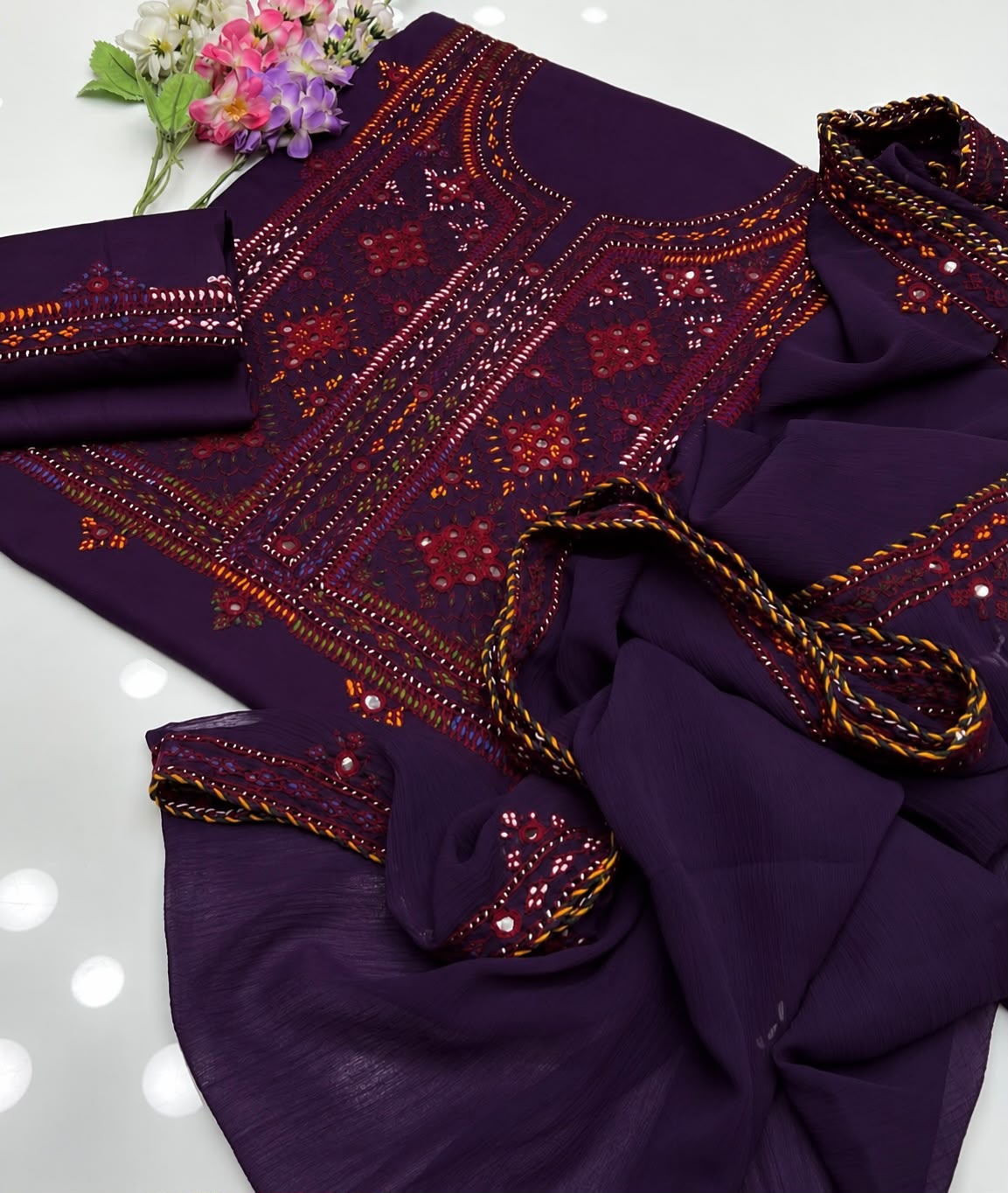 Balochi Handmade Mirror Work Soft Cotton Fabric Shirt & Trouser with Chiffon Dupatta | 3PC Unstitch Dress 👗