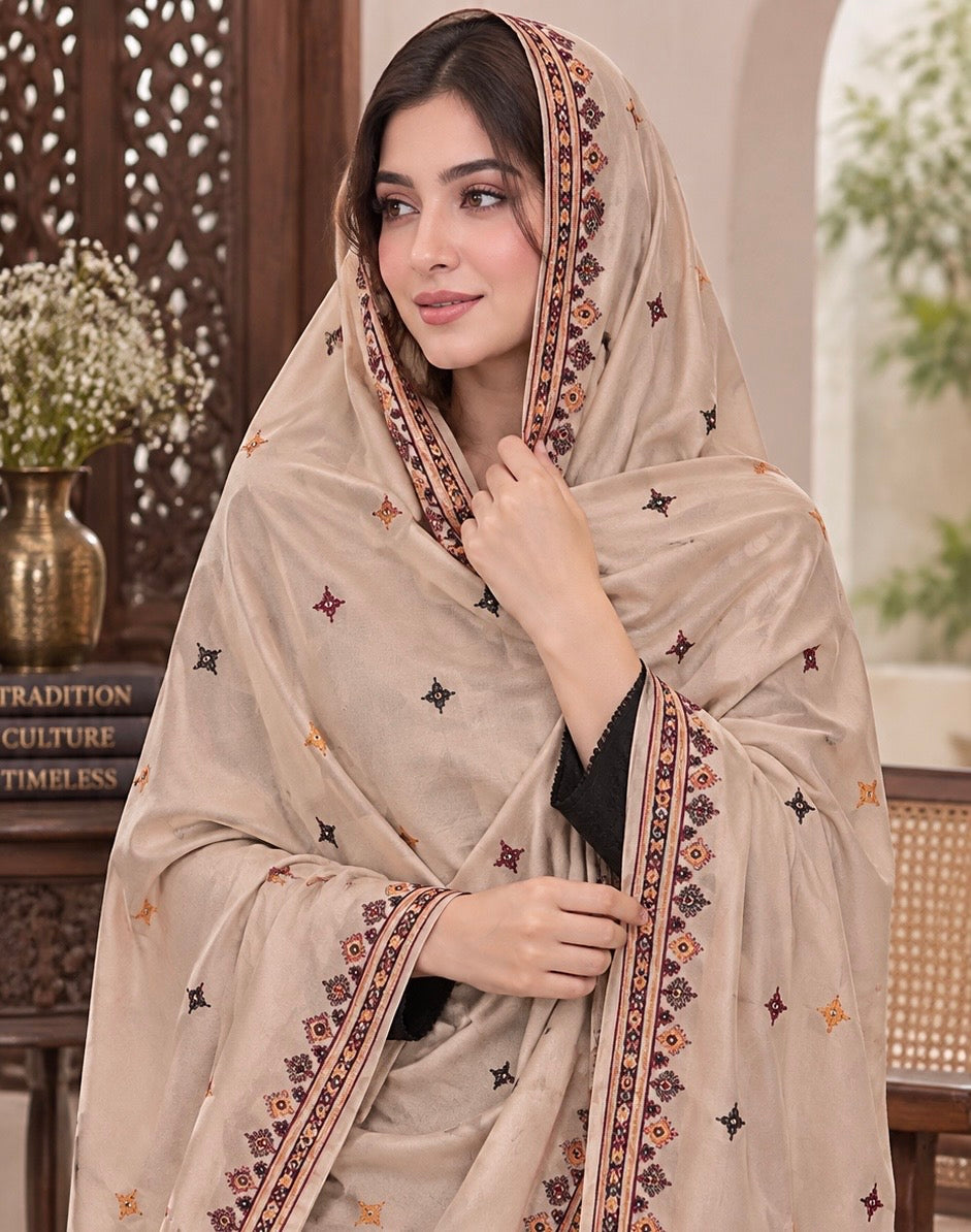 Computer Sitara Two Border Embroidered |Swiss Voile - Ladies Chadar|