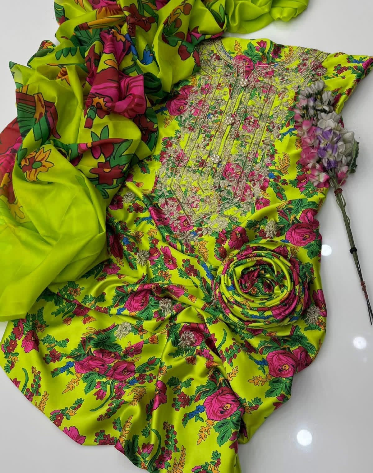 Premium Shamose Silk 3-Piece Zari Neck Embroidered Suit