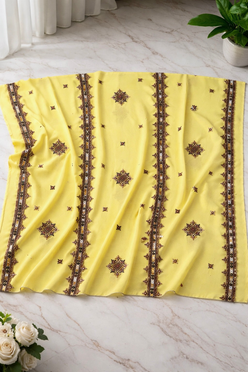 Premium Swiss Voile Four Border Embroidered Chadar | 9mm Sitara Thread Work