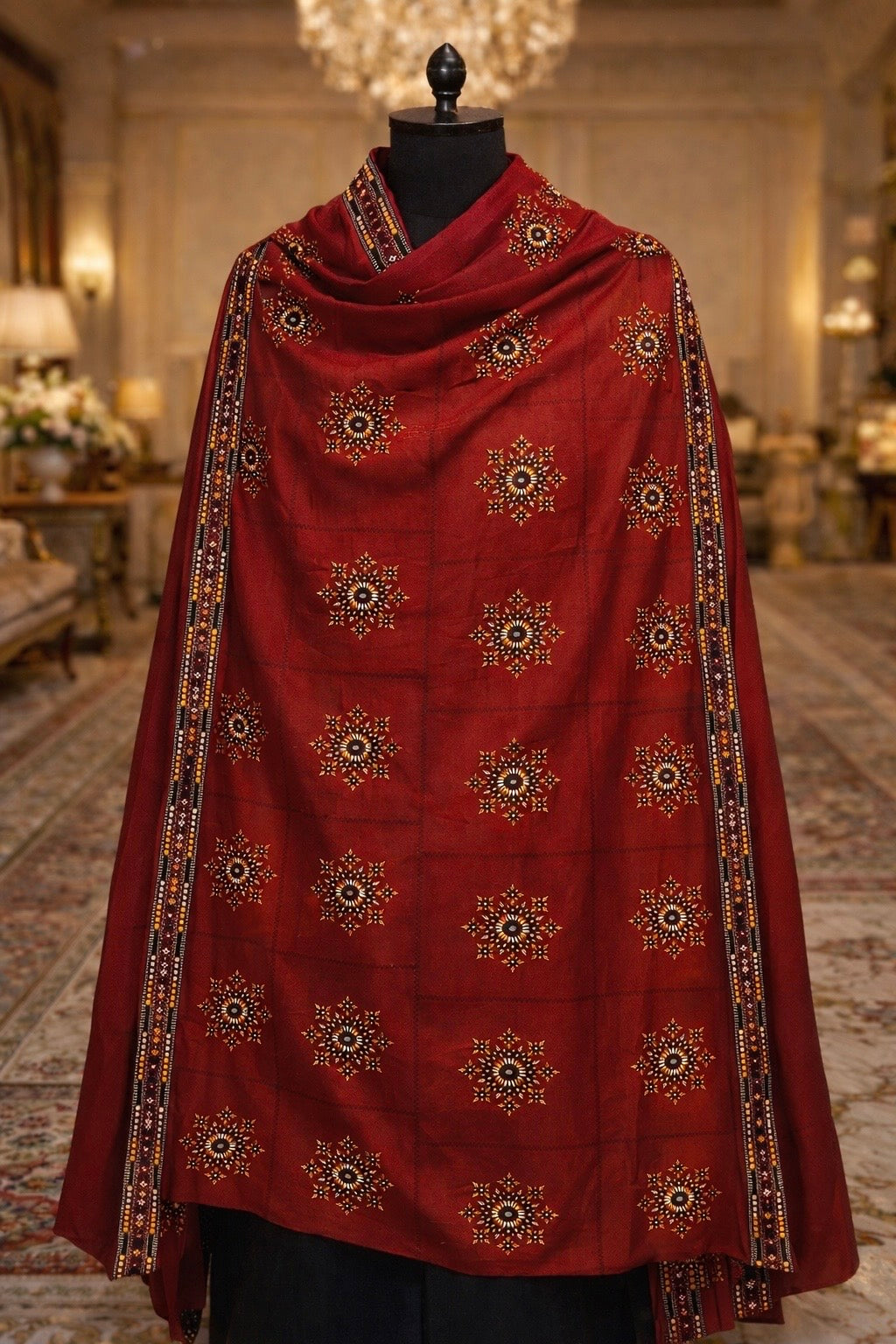 Red 9MM Sitara Thick Thread Embroidered Swiss Voile Fabric Ladies Chadar