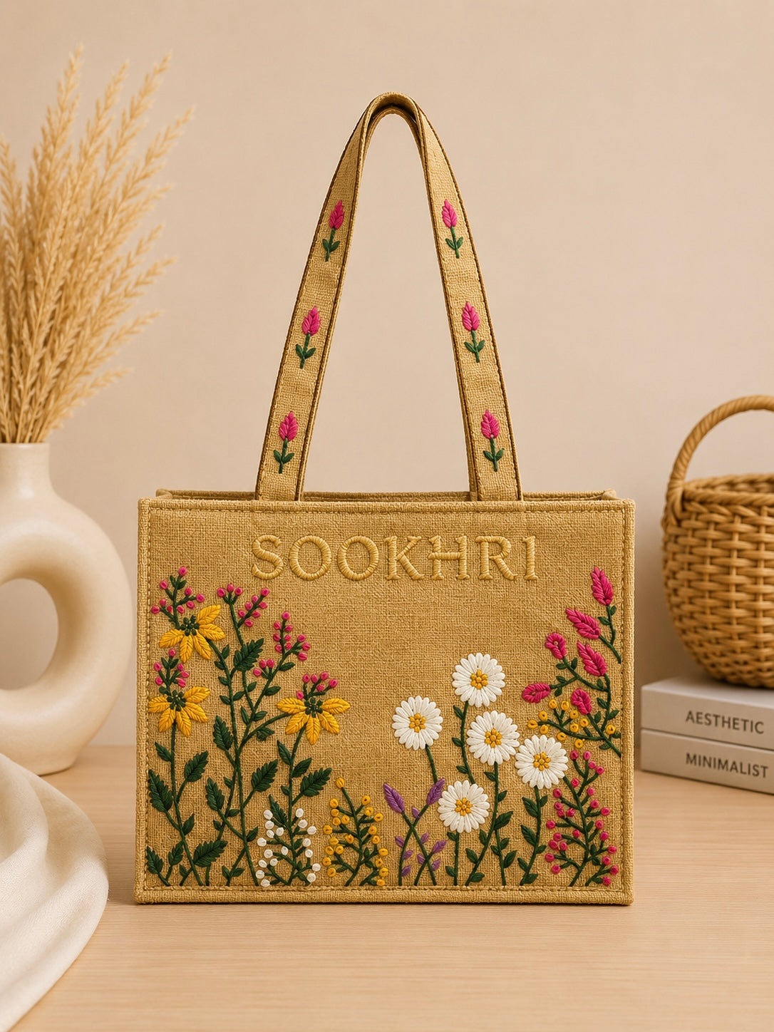 Floral Embroidered Jute Fabric Tote Bag – (14 Inches Length | 11 inches Width)