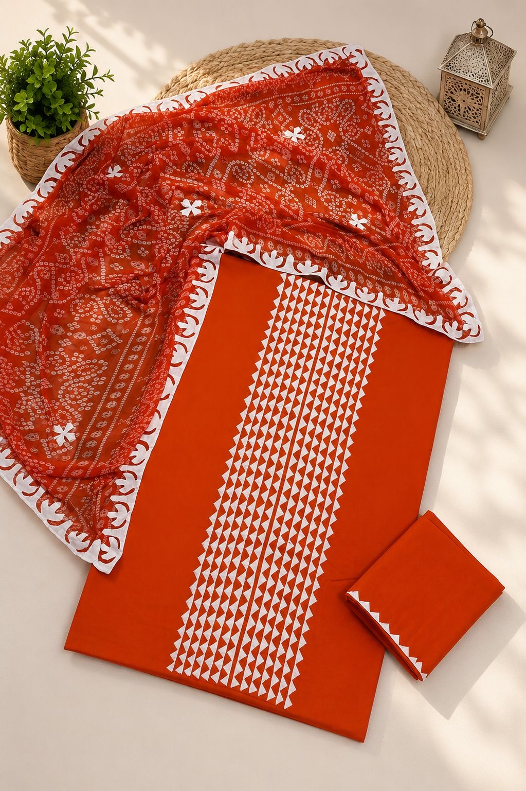 Applic Handwork Lawn Cotton Shirt & Trouser with Four Side Applic Border Chiffon Chunri Printed Dupatta – 3PC Unstitched Dress 👗