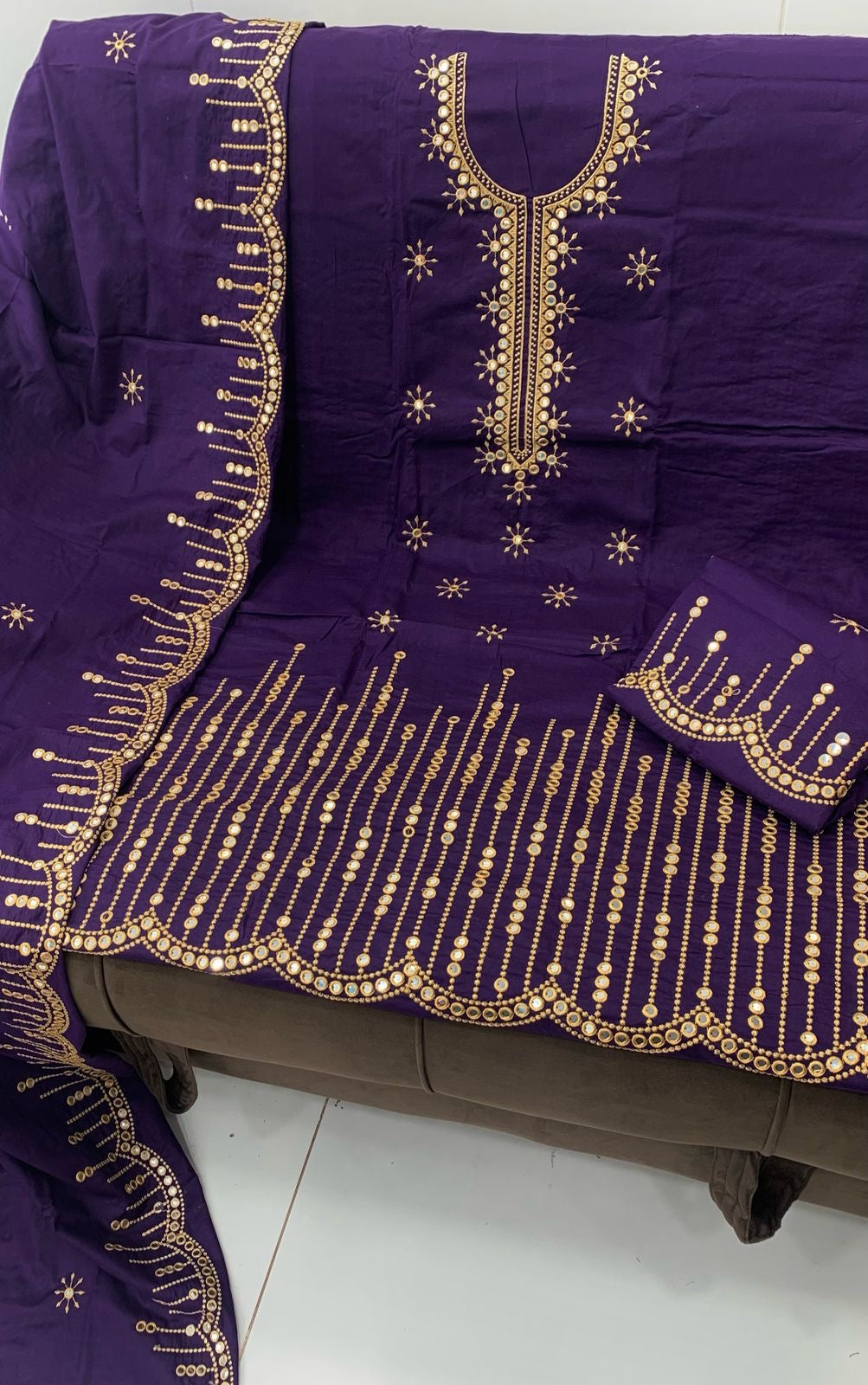 Purple Soft Cotton Embroidered 3-Piece Suit with Cutwork Dupatta