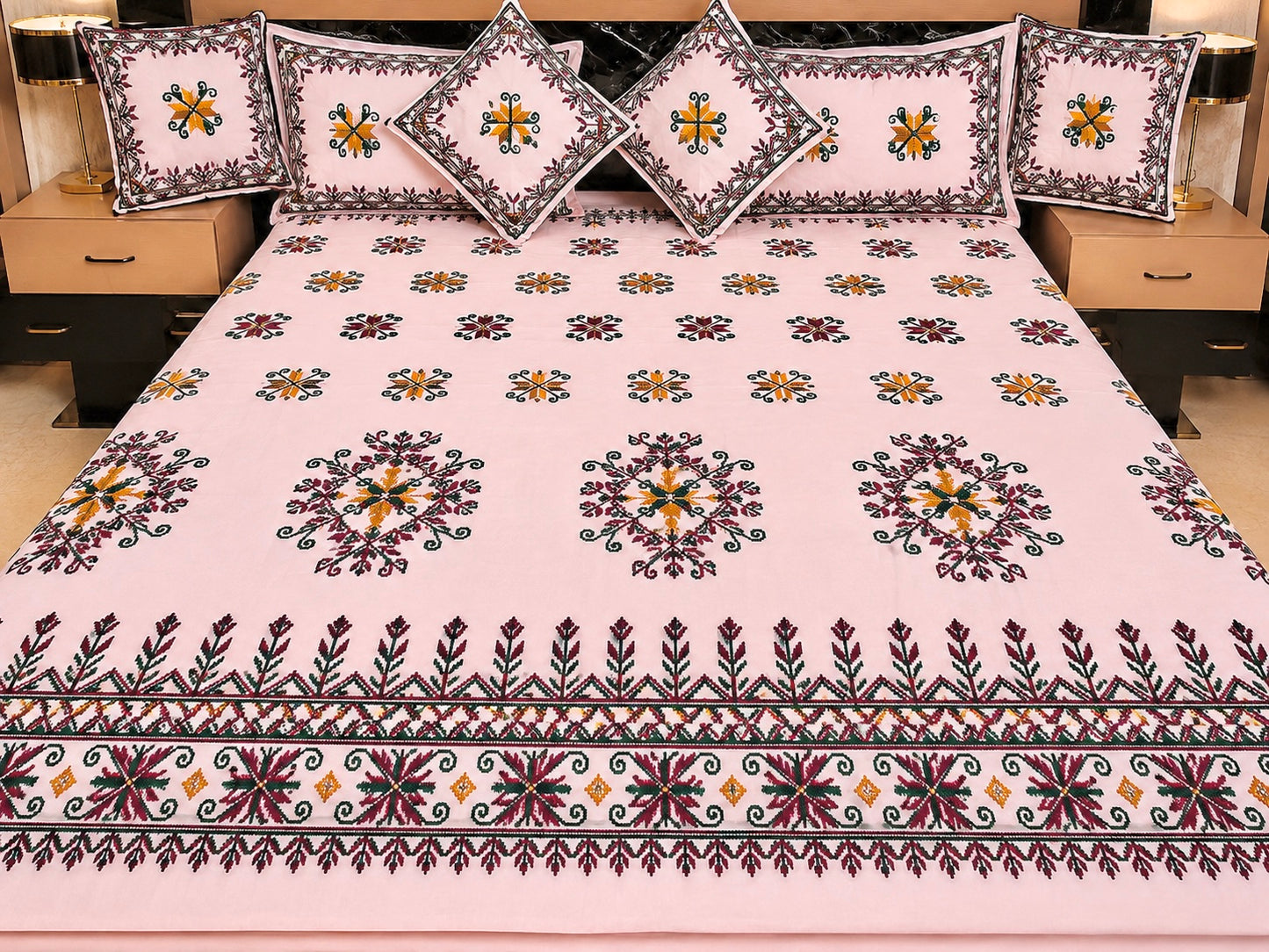Sindhi Hurmcha Heavy Ari Embroidery 7-Piece Bridal Bedsheet Set – Soft Cotton Fabric | King Size