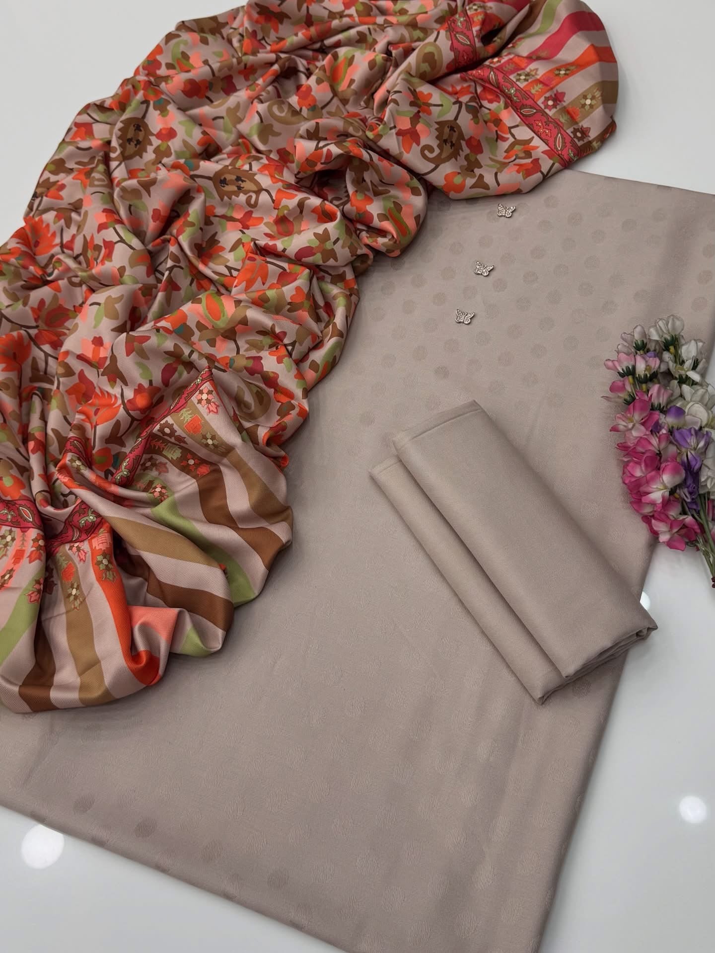 Luxury Jacquard Marina Dhanak 3 Piece Winter Suit with Digital Print Kalamkari Pashmina Shawl