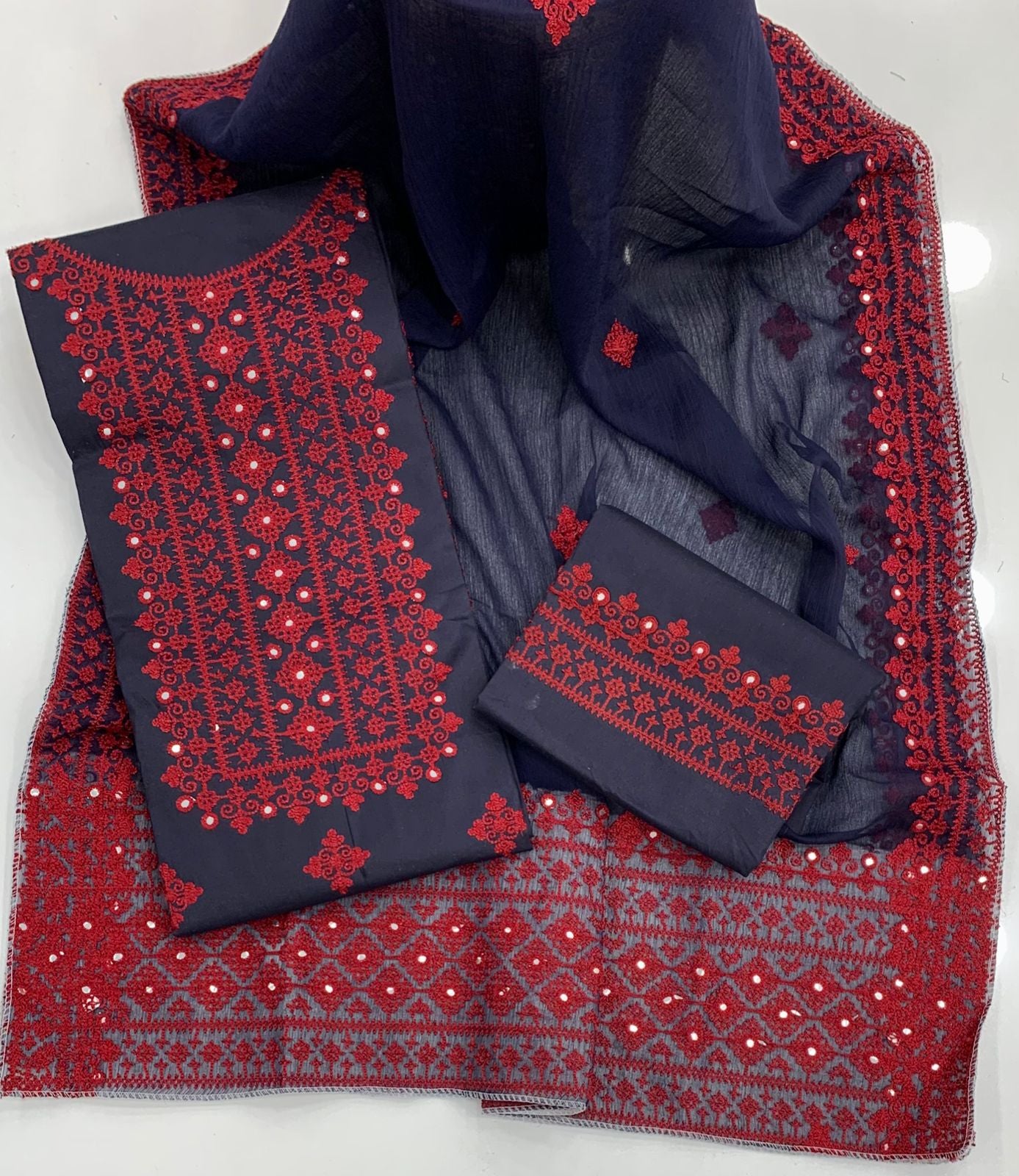 3-Piece Embroidered Suit with Chiffon Dupatta – Sindhi Hurmucha Machine Work & Sitara Foil Detailing