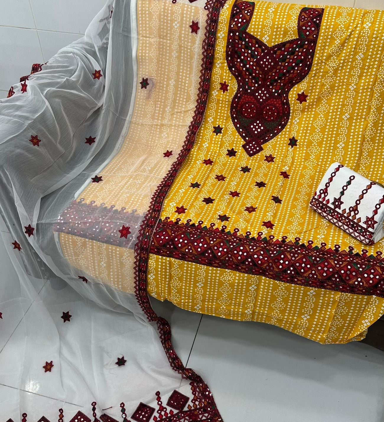 Balochi Ari Sitara Work Chunri Print Cotton 3pc Dress