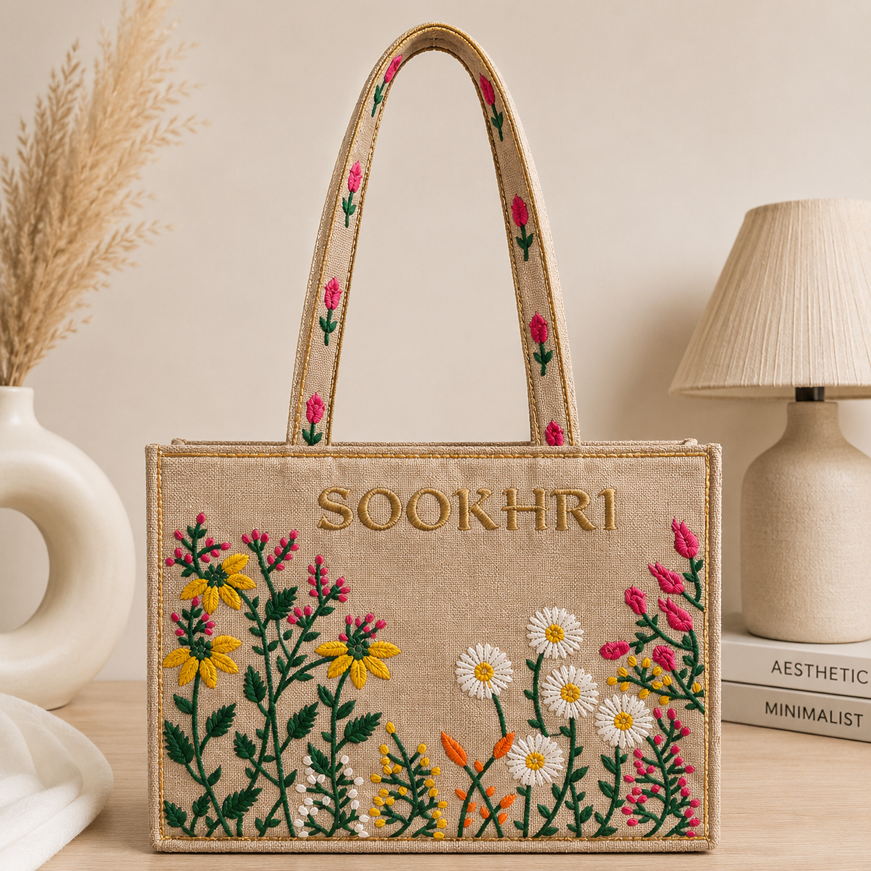 Jute Fabric Computer Flower Embroiderd Tote Bag – (14 Inches Length | 11 inches Width)