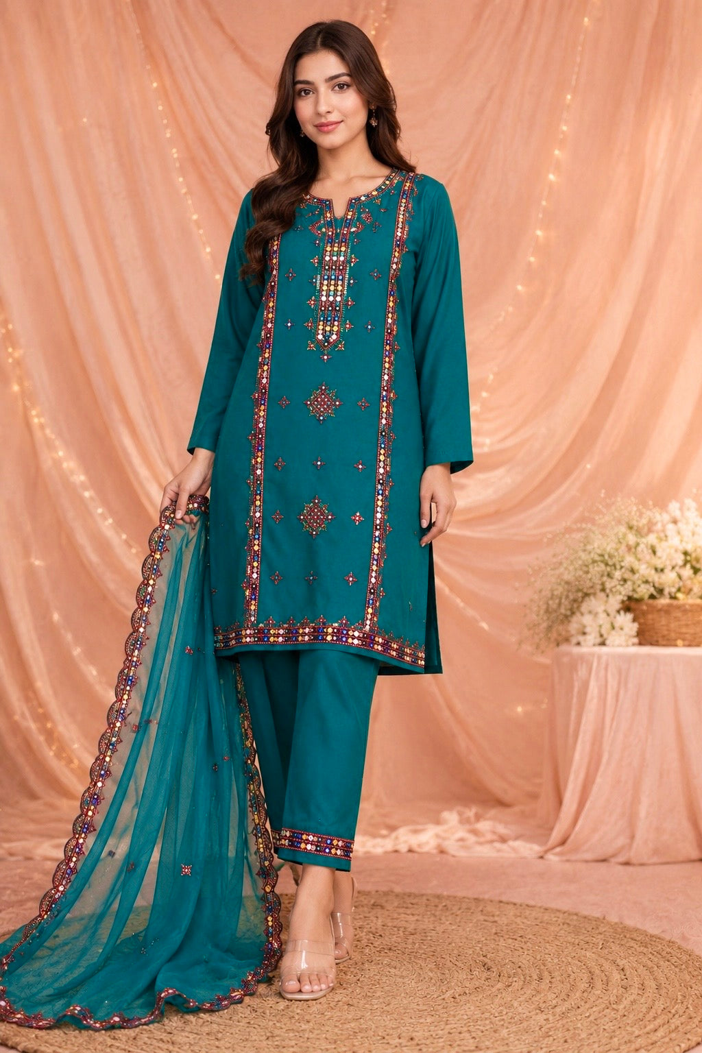 Balochi Thick Thread Embroidered Lawn Cotton with Two Side Cutwork Border Embroidered Dupatta - 3PC Unstitch Dress 👗