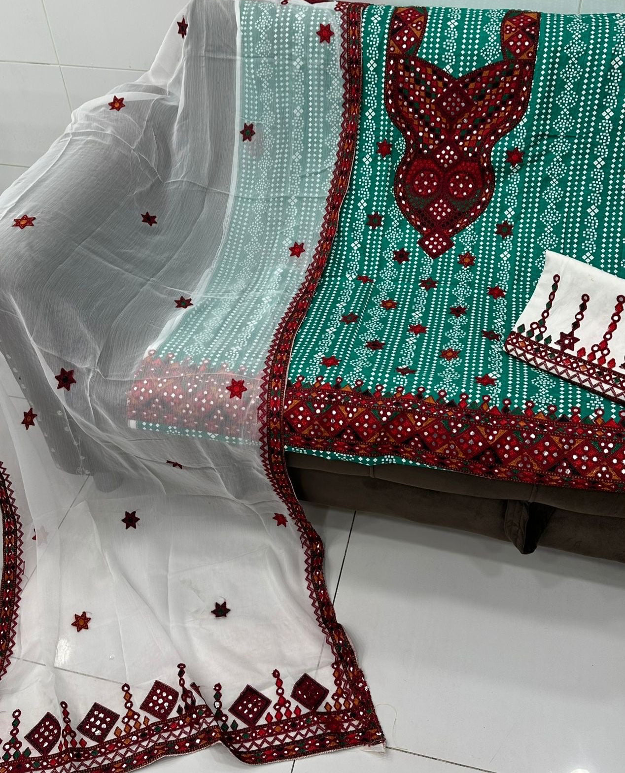 Balochi Ari Sitara Work Chunri Print Cotton 3pc Dress