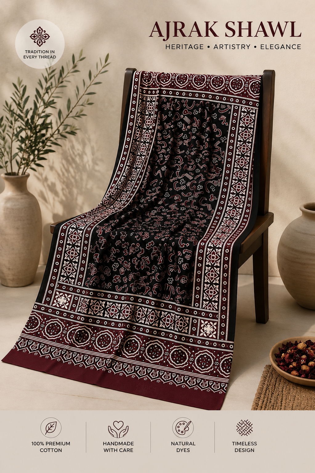 Urdu Alphabet Block Print Cotton Fabric - Premium Ajrak Shawl