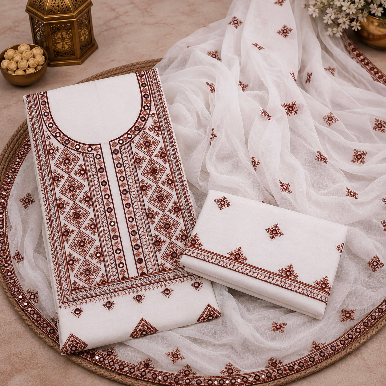 Balochi Style Thick Thread 9MM Sitara Embroidered Lawn Cotton with Chiffon Dupatta - 3PC Unstitch Dress 👗