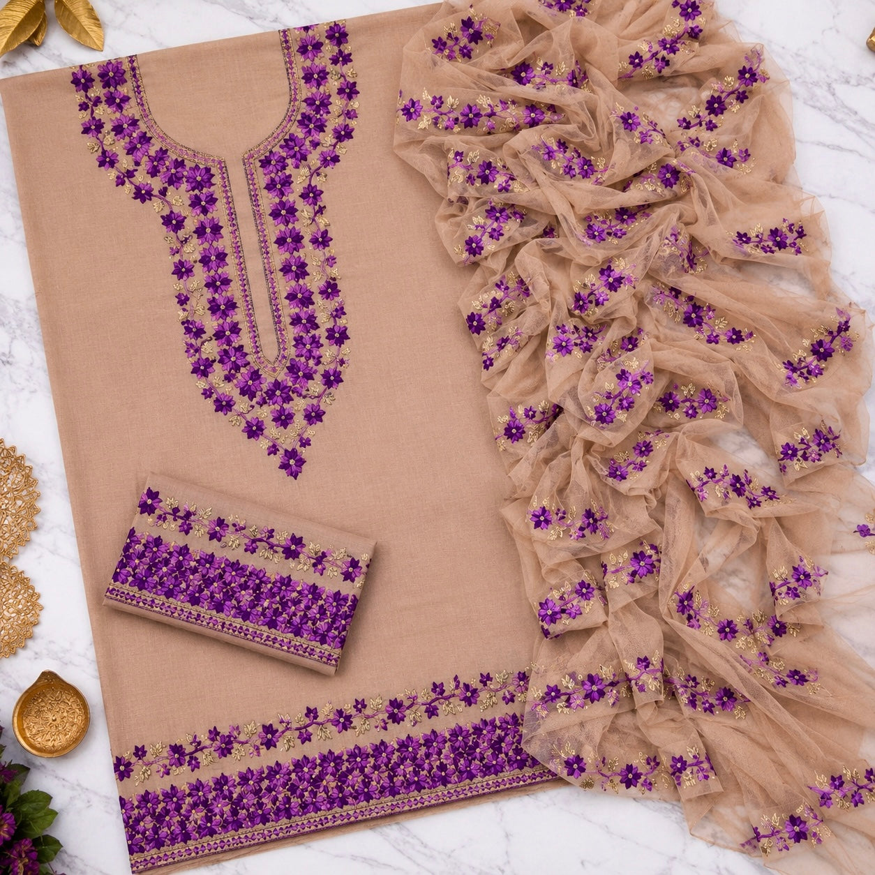 Two-Tone 3MM Sitara Thick Thread Flower Work Embroidery Soft Cotton with Chiffon Dupatta - 3PC Unstitch Dress 👗