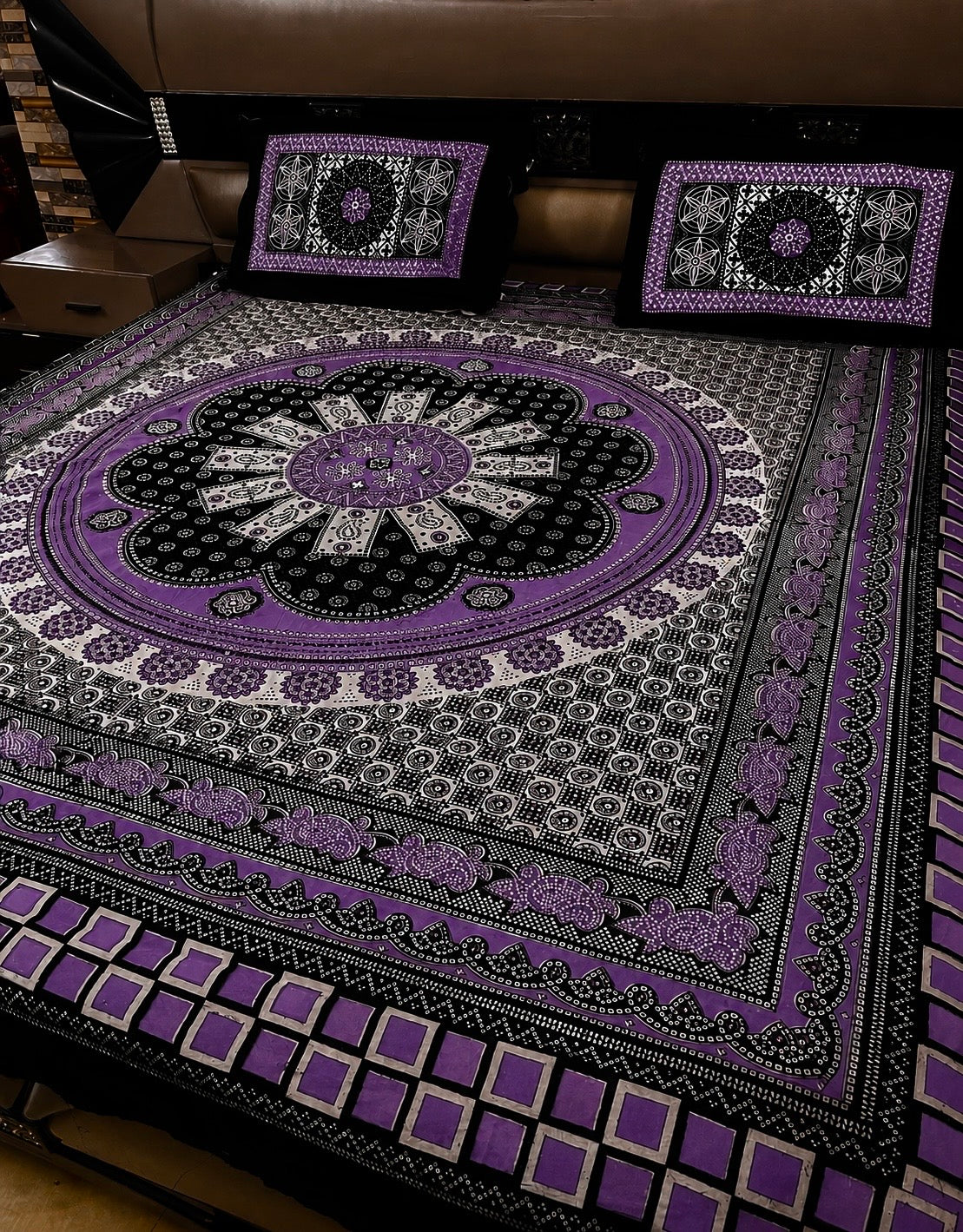 King Size Ajrak Block Hand Print Cotton Stuff Bedsheet Set with 2 Unstitched Pillow Covers