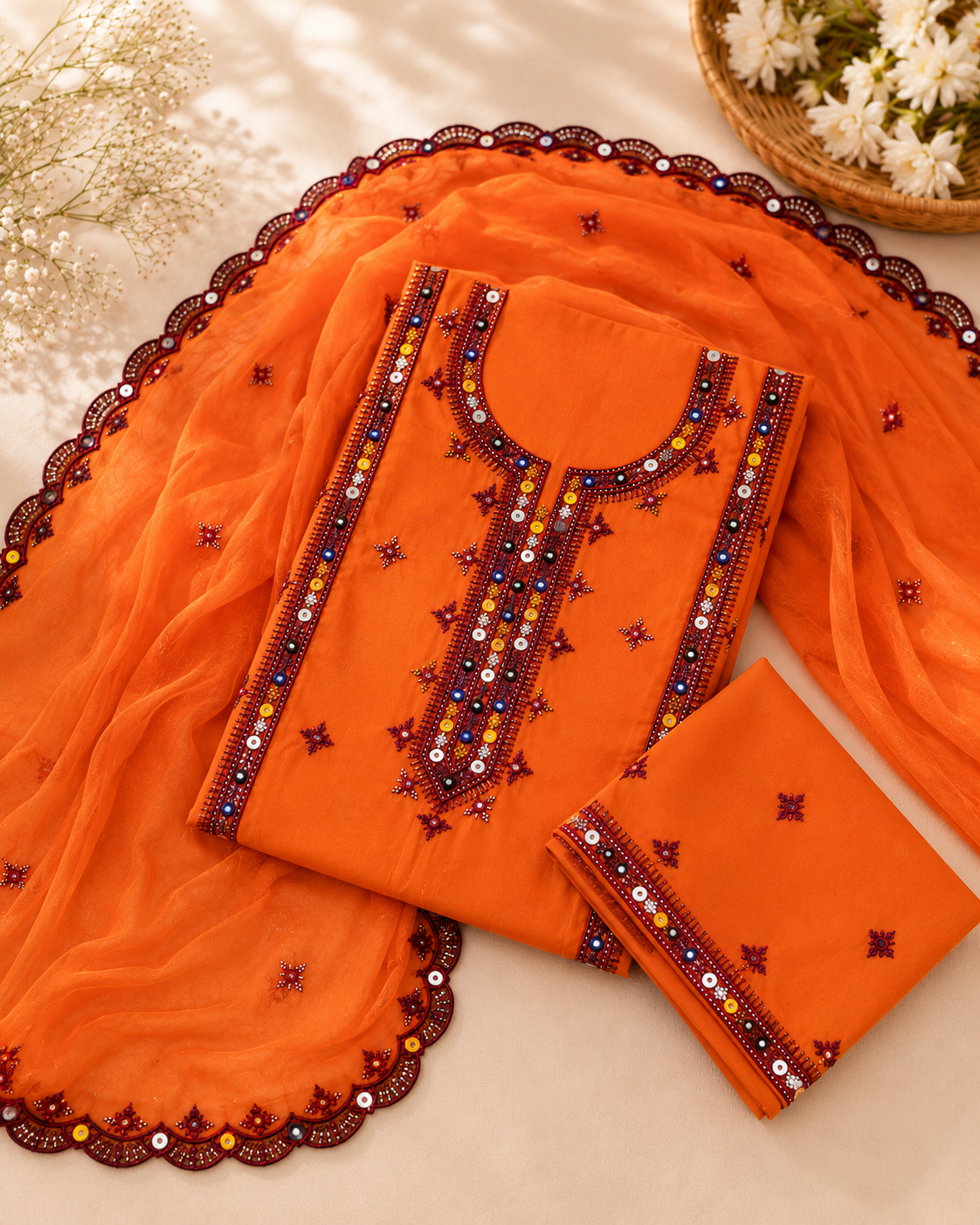 Balochi Thick Thread Embroidered Lawn Cotton with Two Side Cutwork Border Embroidered Dupatta - 3PC Unstitch Dress 👗