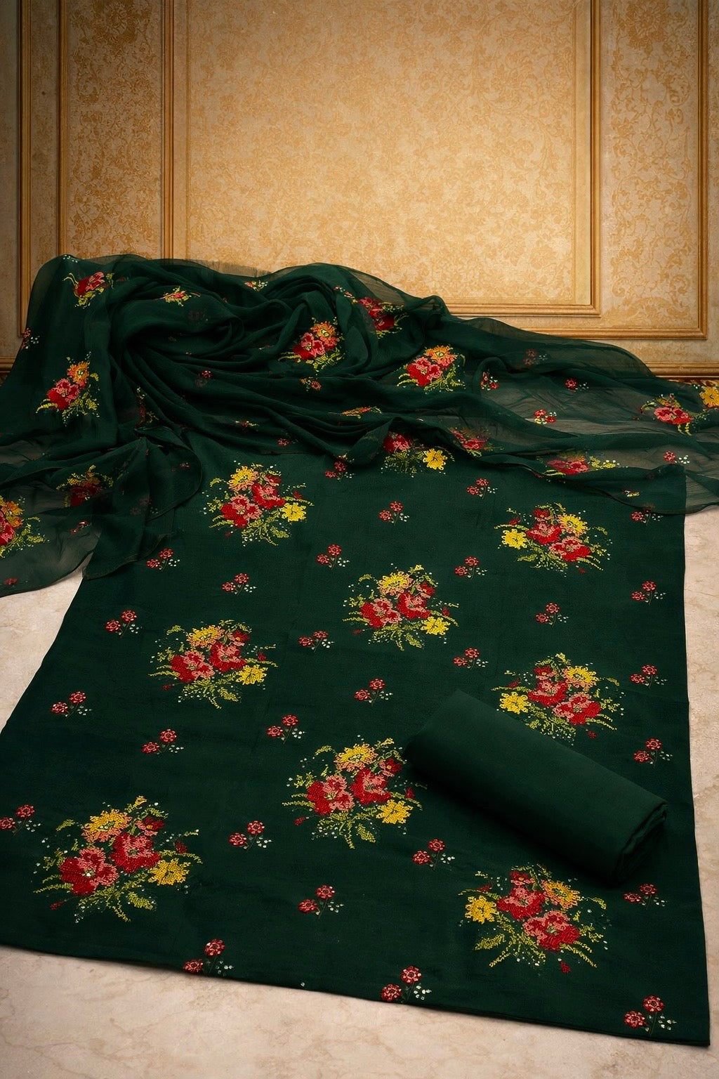Cross Stitch Floral with Sequence Sitara Embroidery Lawn Cotton with Chiffon Dupatta - 3PC Unstitch Dress 👗