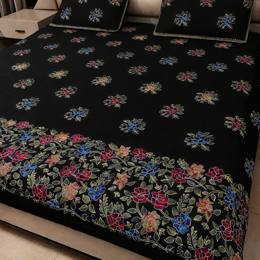 Premium Cotton King Size Multi Flower Jaal Embrodiery Double Bedsheet Set With 2 Stitched Pillow Covers