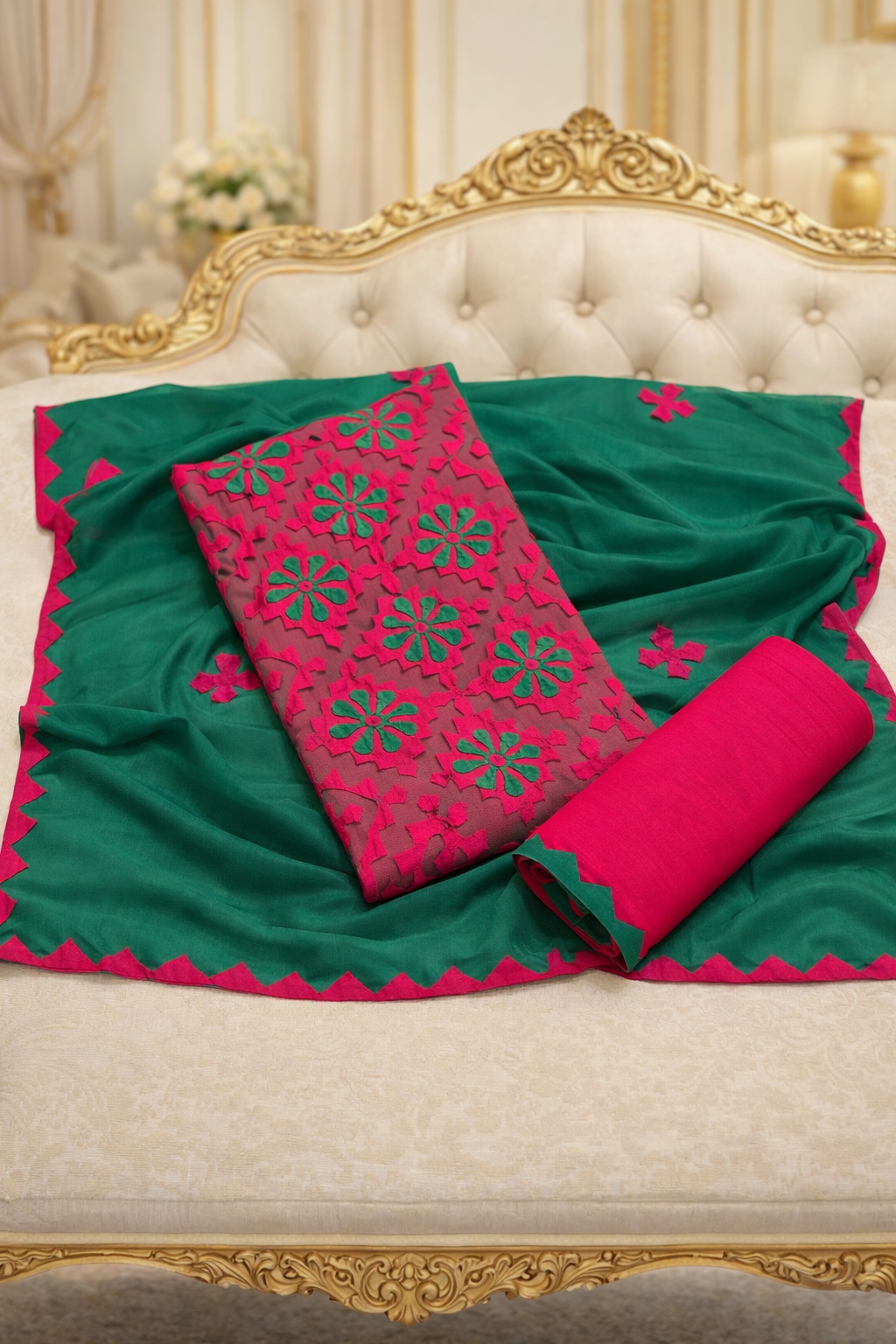 Handcrafted Soft Cotton Applique Work 3-Piece Unstitched Dress with Net Front Panel & Chiffon Dupatta