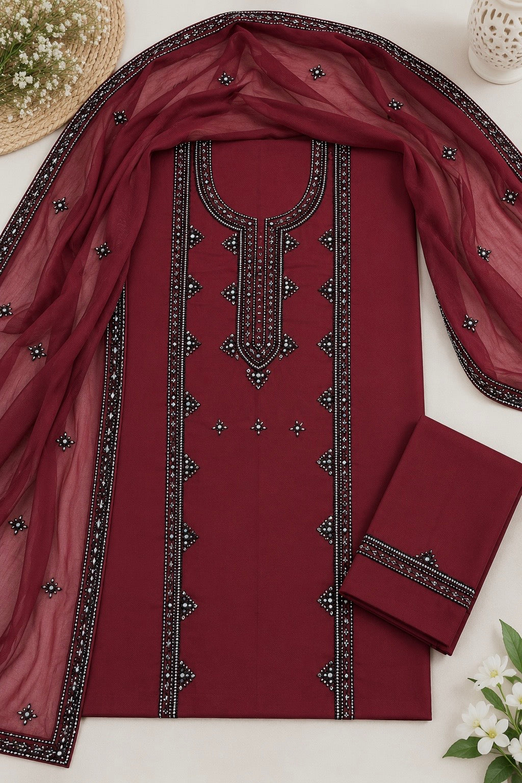 Balochi Handmade Gala Panel Original Mirror Work Soft Cotton  with Chiffon Dupatta - 3PC Unstitched Dress 👗