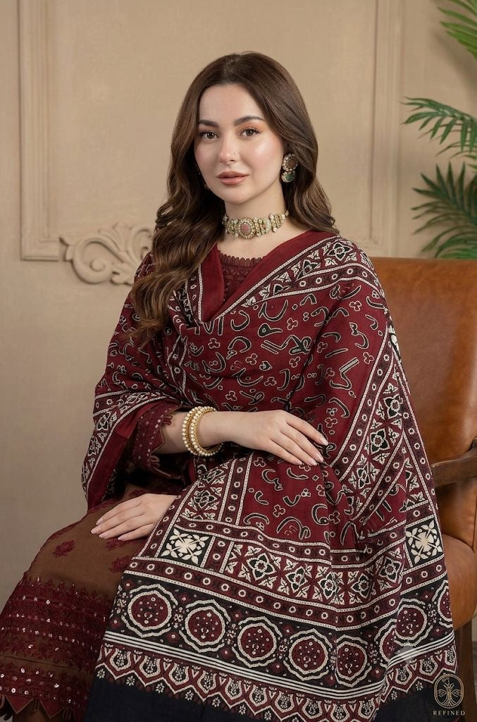 Urdu Alphabet Block Print Cotton Fabric - Premium Ajrak Shawl