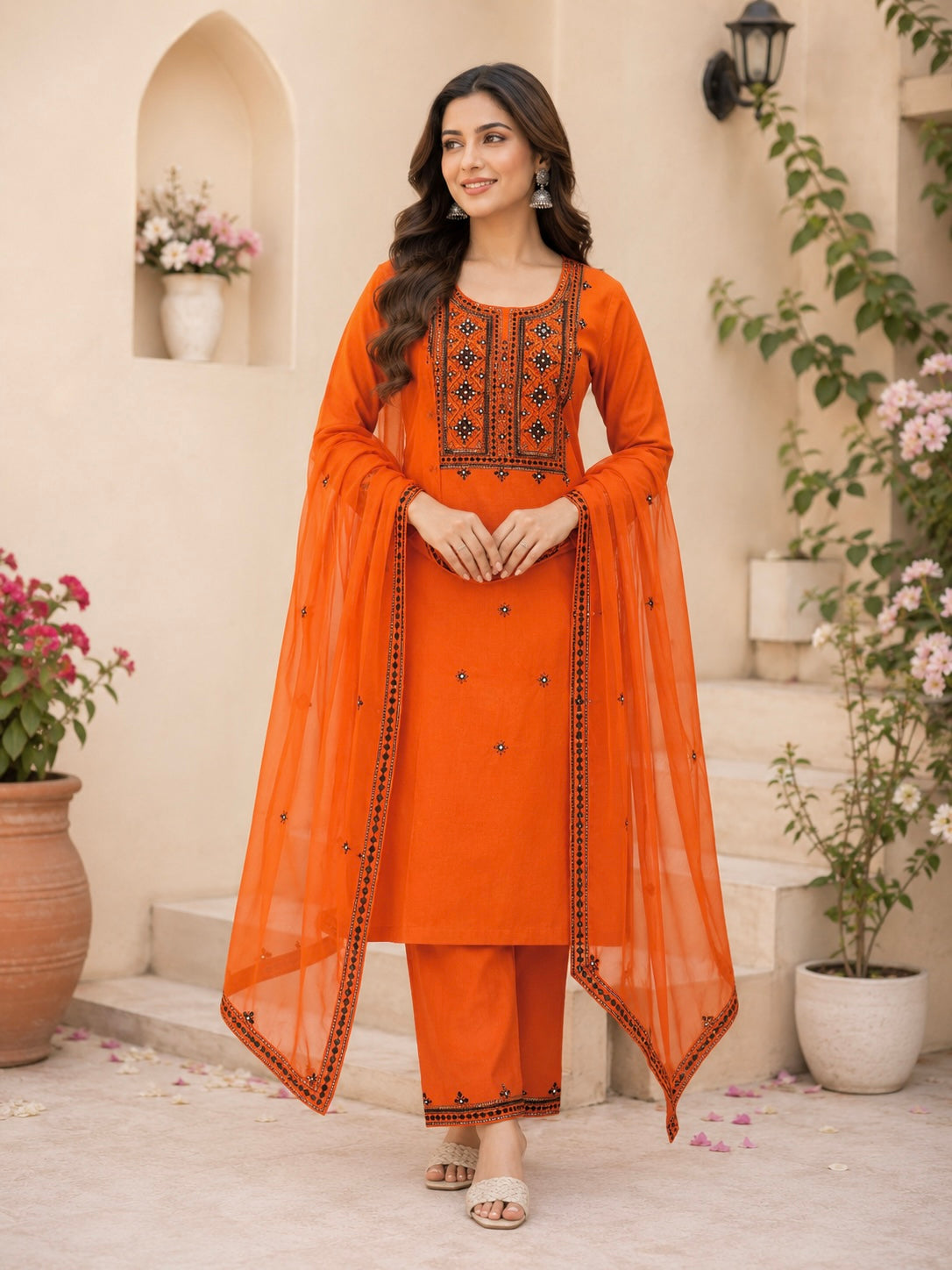 Balochi Handmade Original Mirror Work Lawn Cotton Fabric With Four Border Chiffon Dupatta 3PC Unstitched Dress 👗