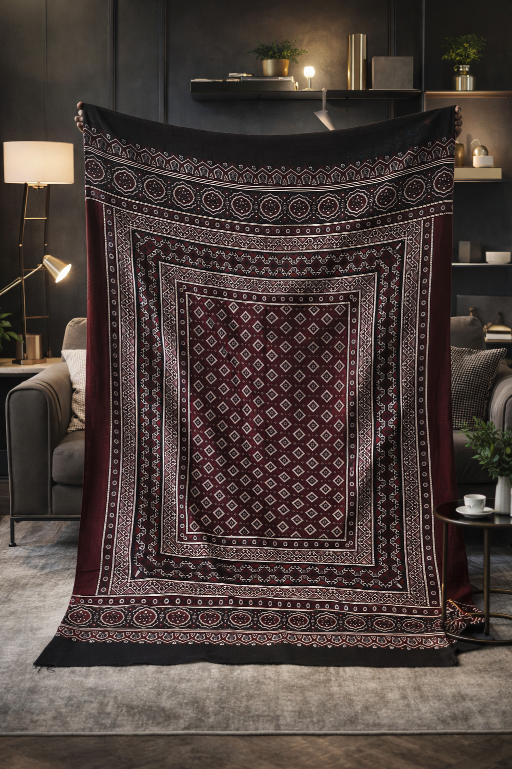 Traditional Sindhi Ajrak – Premium Handmade Block Print Soft Cotton    Shawl (King Size)