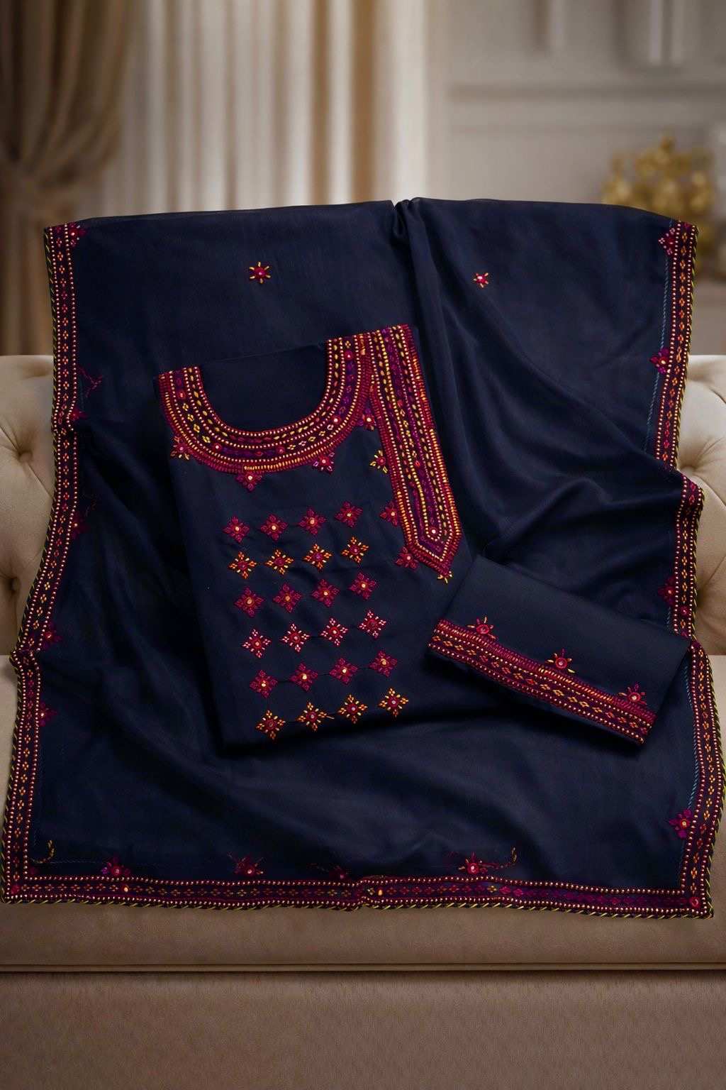 Angrakha Style Gala Balochi Handmade Original Mirror Work Lawn Cotton with Chiffon Dupatta - 3PC Unstitch Dress 👗