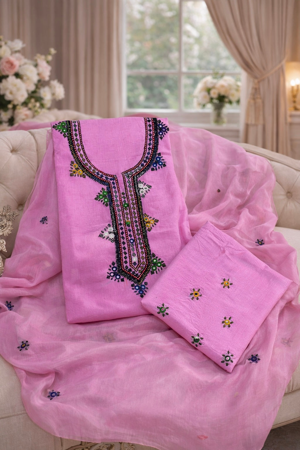 Balochi Gala Handwork 3-Piece Suit | Original Mirror Work | Soft Cotton & Chiffon Dupatta