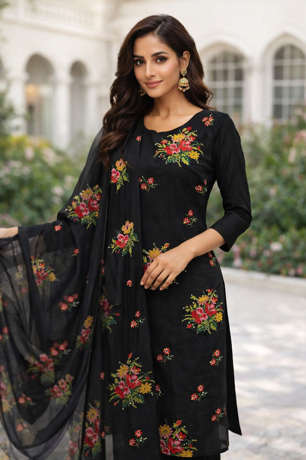 Premium Soft Cotton Sequence Sitara Floral Embroidered Suit with Chiffon Dupatta - 3PC Unstitch Dress 👗