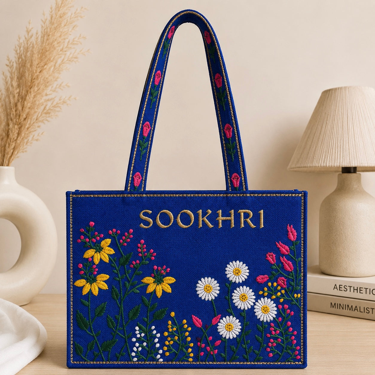 Jute Fabric Computer Flower Embroiderd Tote Bag – (14 Inches Length | 11 inches Width)