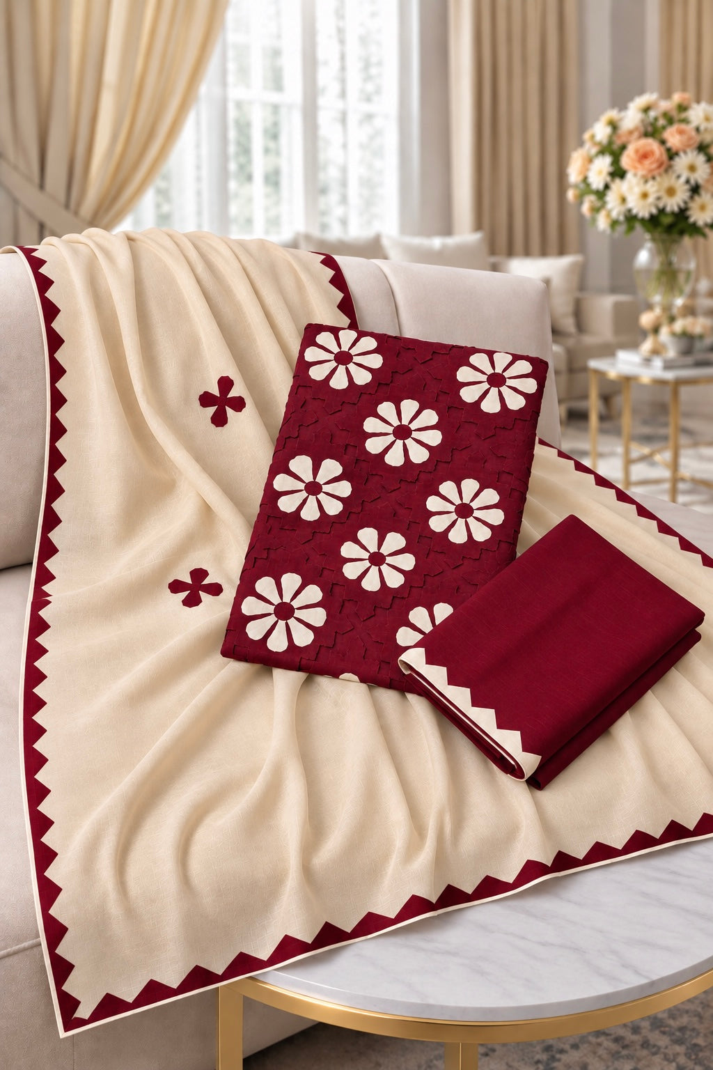 Handcrafted Soft Cotton Applique Work 3-Piece Unstitched Dress with Net Front Panel & Chiffon Dupatta