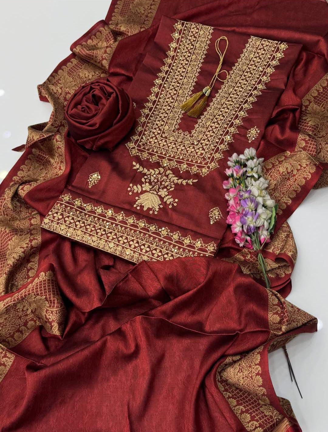 Winter Staple Soosi 3-Piece Suit | 3mm Sequence Embroidery with Jacquard Staple Soosi Shawl Dupatta