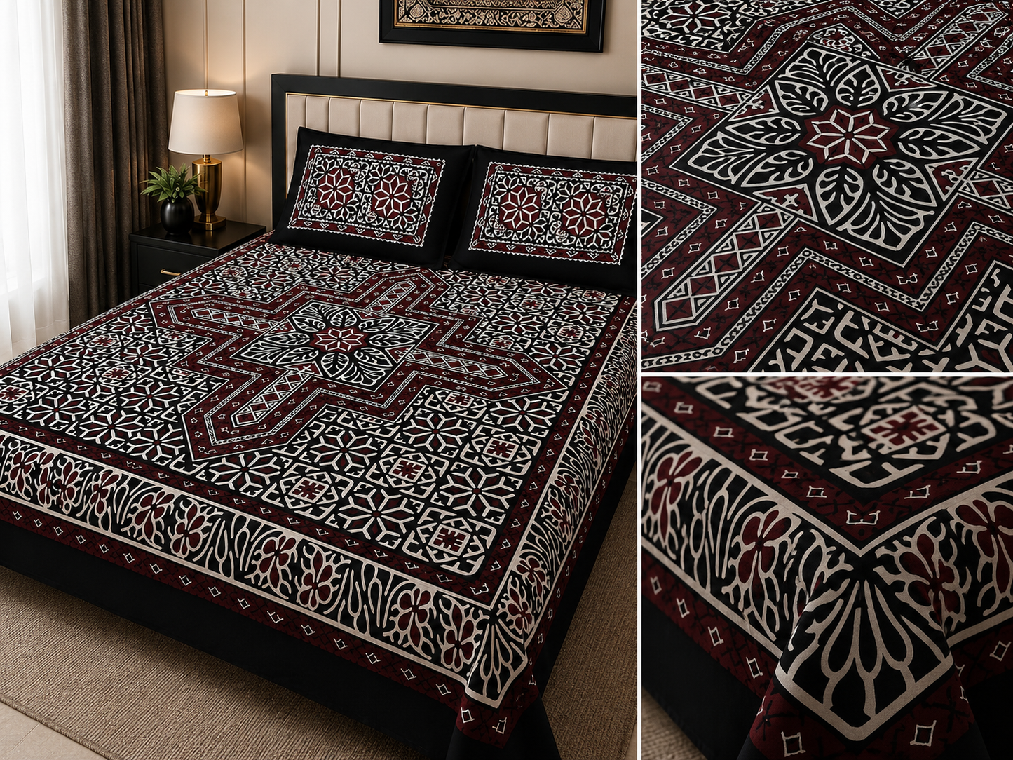 Ajrak Block Print Cotton Fabric King Size Bedsheet Set with 2 Unstitched Pillow Covers