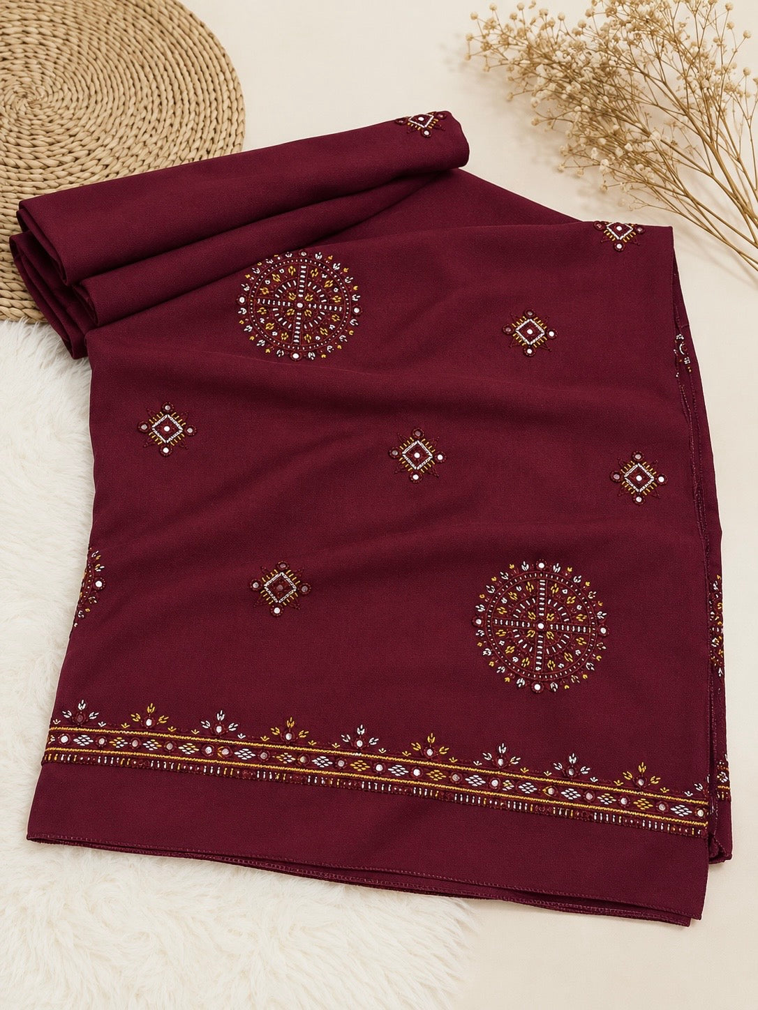 Balochi Thick Thread Sitara Bunches Embroidery Work Chader | Swiss Lawn Fabric