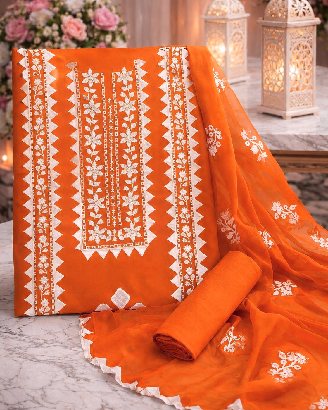 Elegant Handmade Applic Work Embroidery Lawn Cotton with Chiffon Dupatta - Unstitch 3PC Dress 👗