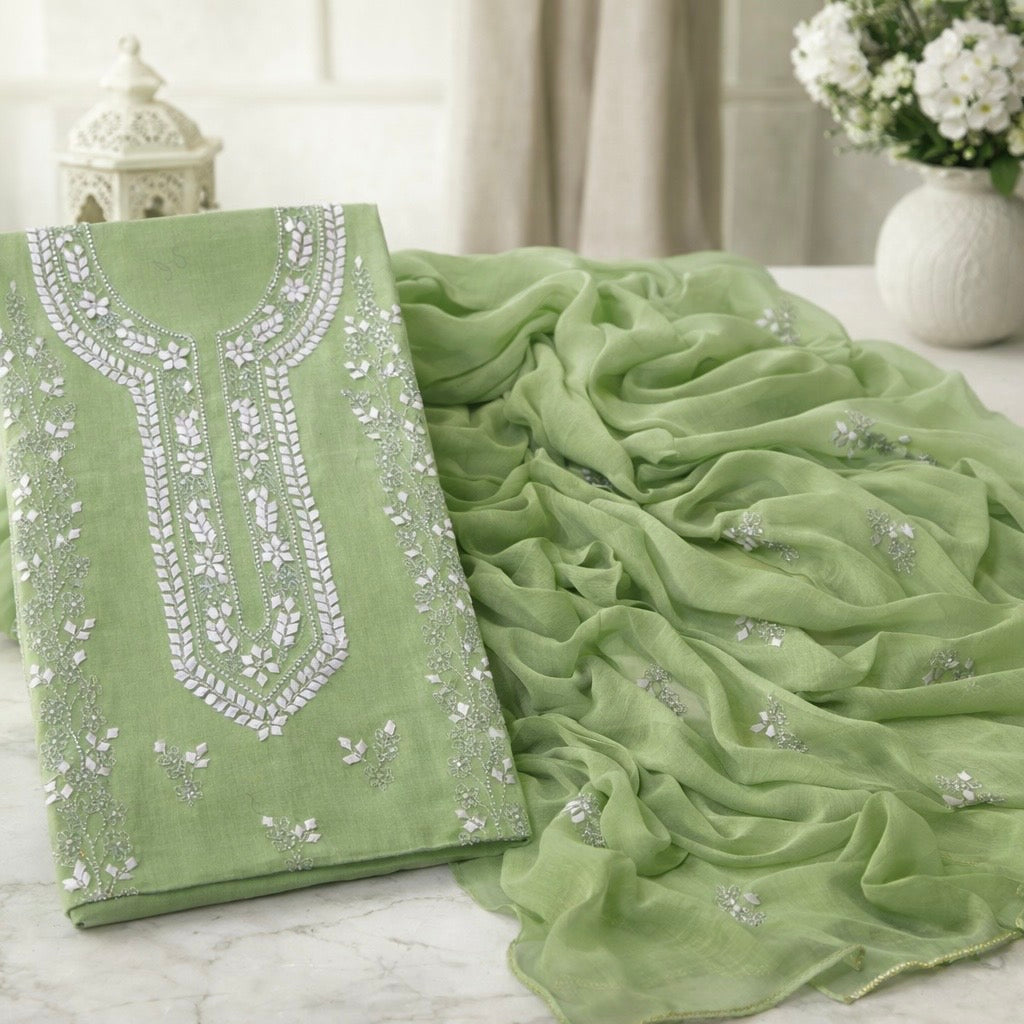 Handmade Applique Leaf, Zari & Pearl Work Lawn Fabric With Chiffon Dupatta 3PC Dress