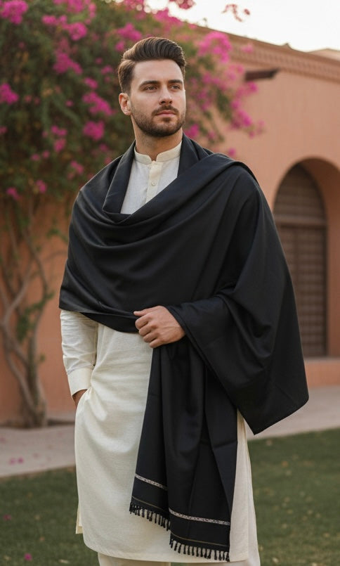 Premium Black Wool Gents Shawl with Classic Woven Border