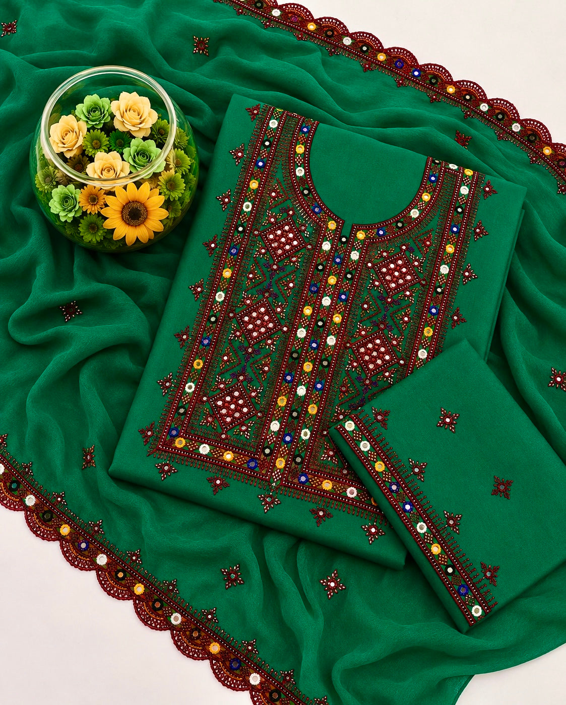 Balochi Thick Thread 9MM Sitara Work Machine Embroidered Soft Cotton with Two Side Cutwork Border Chiffon Dupatta - 3PC Unstitched Dress 👗