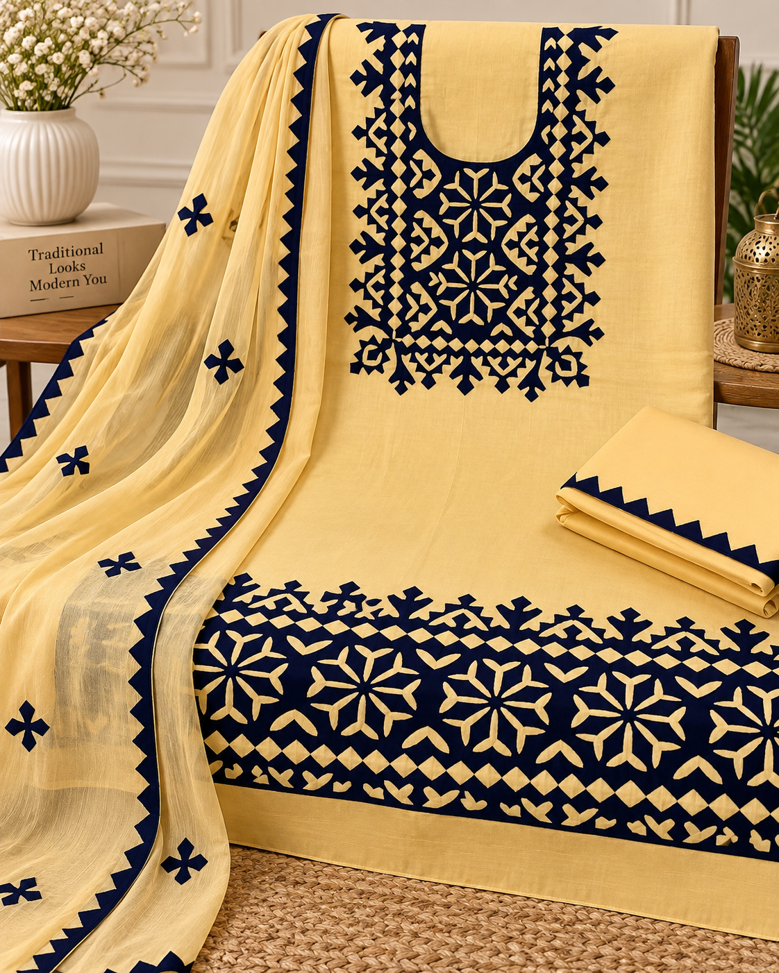 Pure Fancy Handmade Applique Work Soft Cotton Suit with Chiffon Dupatta – 3 Piece Unstitched Dress 👗