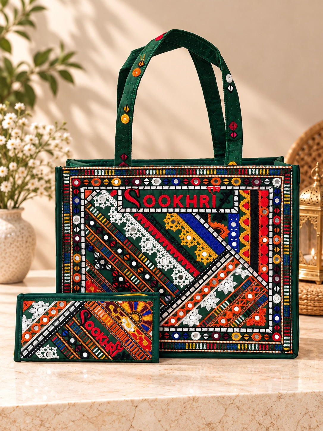 Traditional Multi-Pattern Embroidered Handbag with Matching Clutch – Antique Design