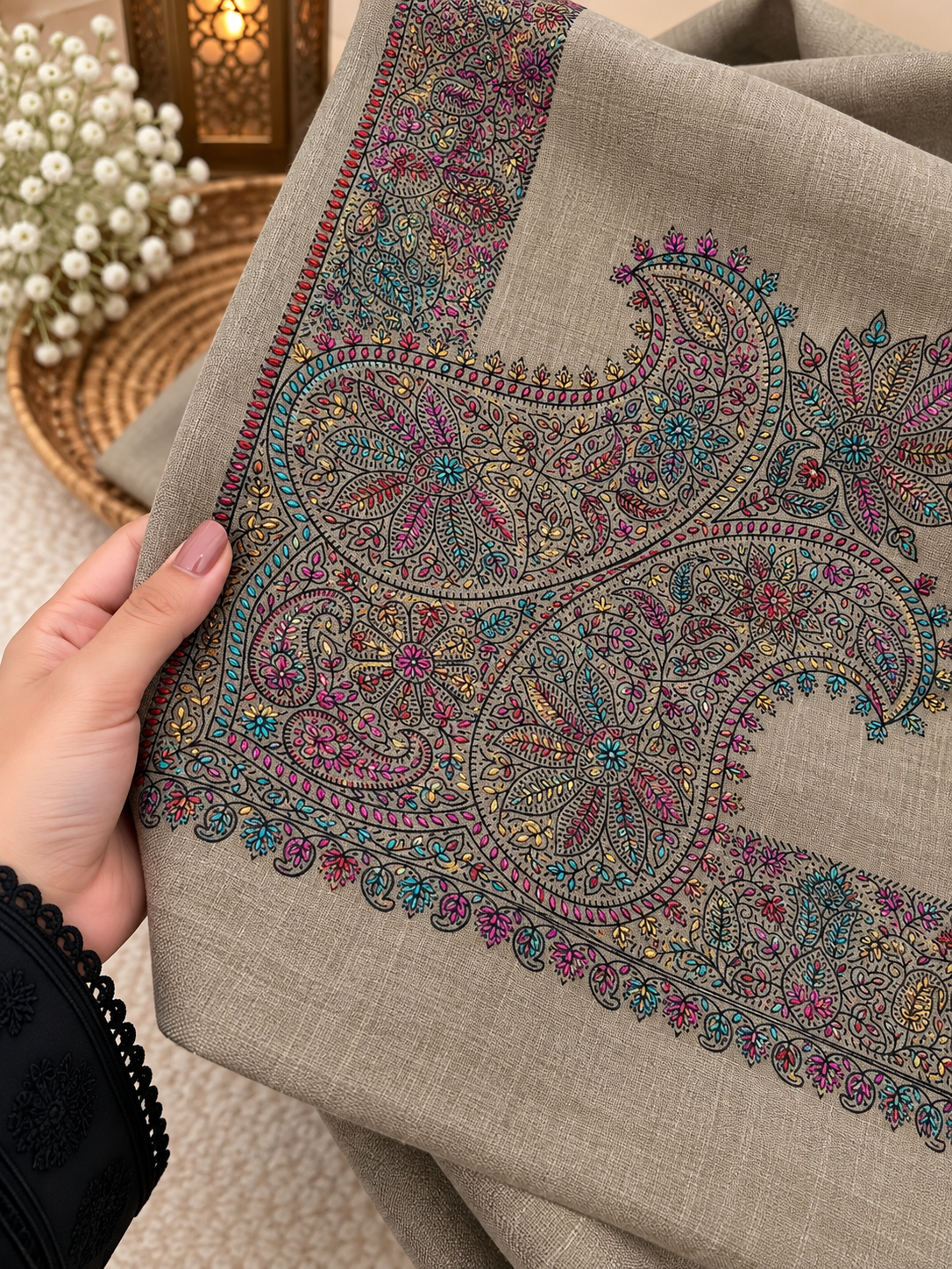 Original Pashmina Handmade Kachna Tanka Embroidery with Four Side Border - Shawl