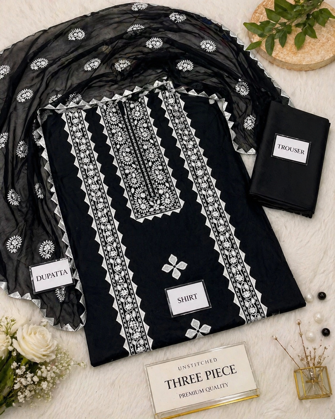 Black Applic Handmade Patti Embroidered Lawn Cotton with Chiffon Dupatta - 3PC Unstitch Dress 👗