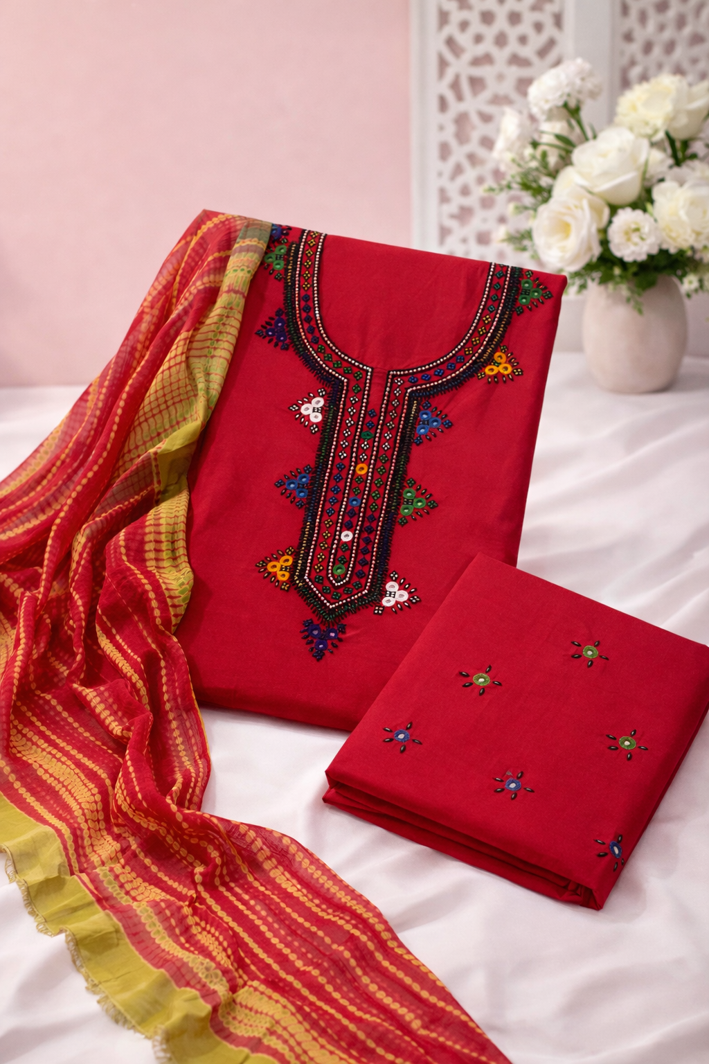 Handmade Balochi Gala Soft Cotton with Mirror Work Tie & Dye Chiffon Dupatta – 3PC Unstitch Dress 👗
