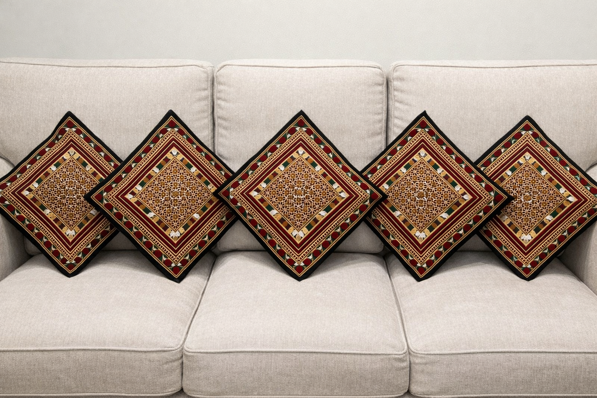 Traditional Embroidered Cushion Cover Set (5 Pieces) – 16x16 Inches