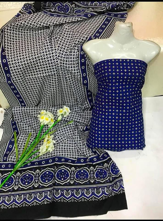 Blue Ajrak Block Print 3 Piece Dress – Soft Cotton Fabric